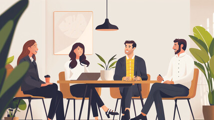 Illustration of people in a meeting room with plants.