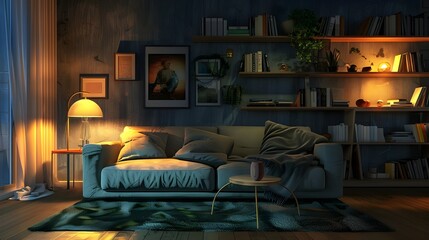Dark living room interior with a couch, bookcases, and bright lamps 