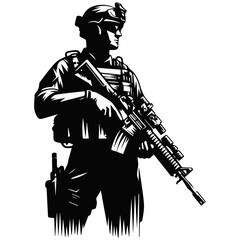 Soldier black and white silhouette isolated on transparent background PNG