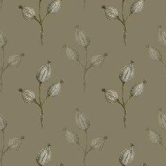 Dried flowers and plants hand drawn, seamless watercolor botanical pattern on dark beige background