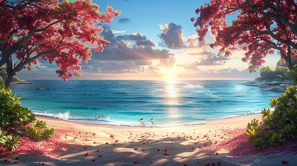 Nature Background, Springtime Beach with Blossoming Trees: A beautiful beach scene with blossoming trees framing the view, the ocean in the background, and the sun rising or setting. Illustration