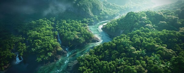 A breathtaking aerial view of a lush green jungle with winding rivers and cascading waterfalls, enveloped in mist and sunlight.