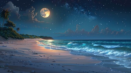 Nature Background, Starry Night Over a Deserted Beach: A deserted beach under a clear night sky, with the moon and stars casting a serene light over the sand and waves. Illustration image,