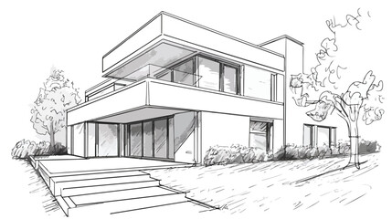 Modern private residential house. Hand drawn contour