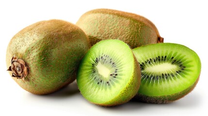 Obraz premium Kiwi fruit whole and sliced segments on a white background