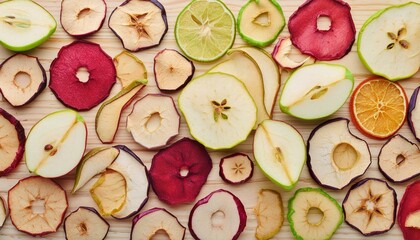 close up of a lot of fruit. A mix of sliced apples, pears, and plums displayed on a wooden surface with a minimalist  - Powered by Adobe