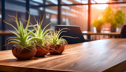 A modern office desk with a dark wood finish, adorned with a trio of air plants in minimalist
