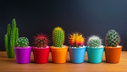 A selection of diverse cacti in colorful, mismatched pots lined up along the back edge 