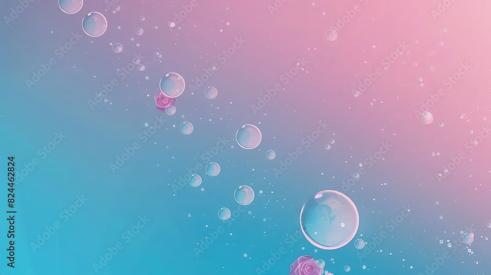 Poster an image featuring a gentle gradient from pastel lavender to white, dotted with shiny, translucent b