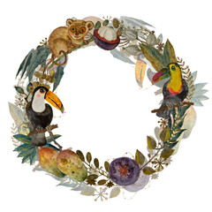 Tropical watercolor Wildlife Frame with Exotic Birds and Animals, lush greenery, and vibrant colors