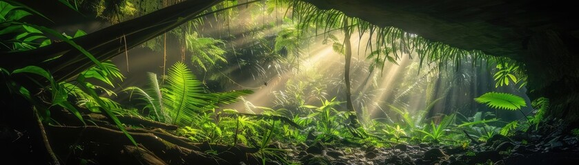 Sunlight streams through lush rainforest canopy, casting a magical glow on vibrant greenery and foliage. Perfect for nature and wilderness themes.