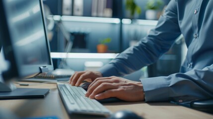 Diligent professional working on laptop computer in bright, modern office environment