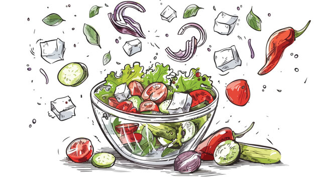 Contour drawing of greek salad and its ingredients
