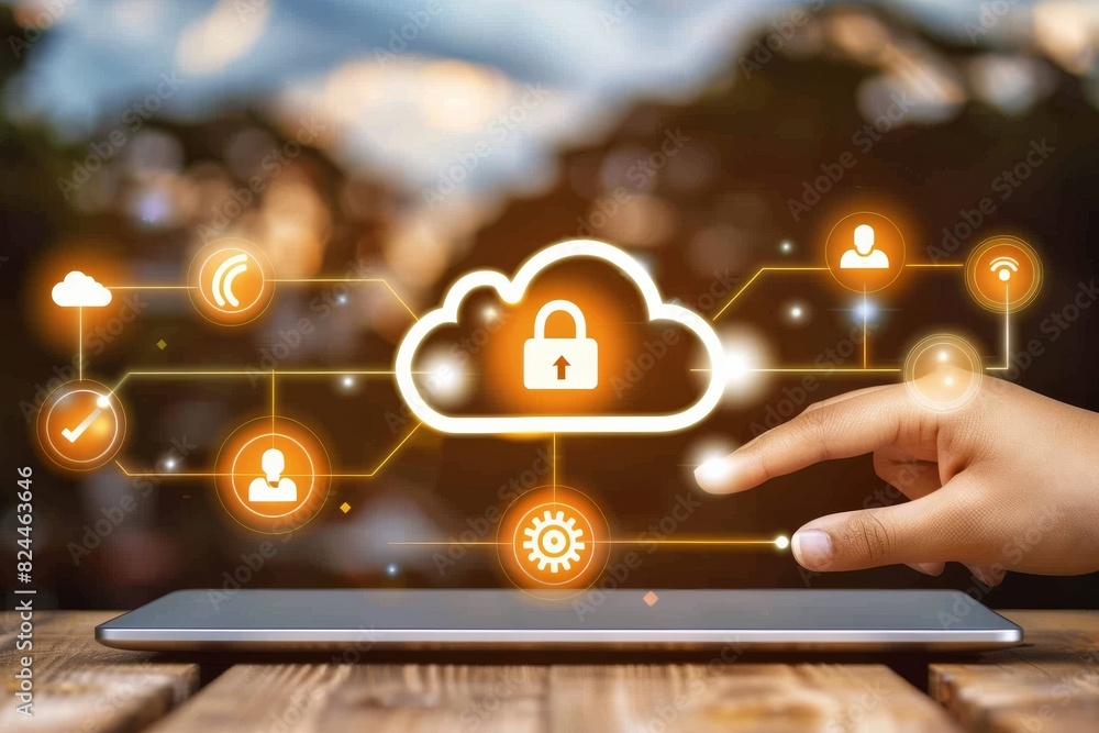 Poster innovative cloud security with interconnected digital systems and advanced data protection technolog