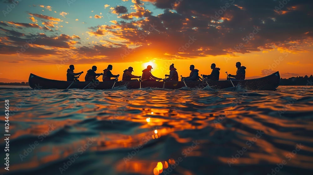 Poster an image of people rowing in perfect sync, representing harmony in teamwork. image