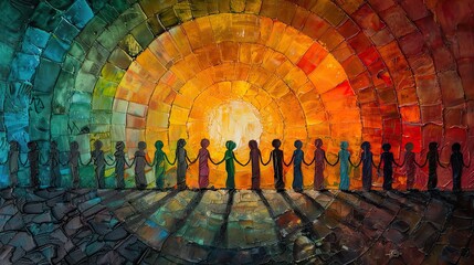 A painting of a group of people holding hands around a rising sun, representing collective effort for a bright future. photo