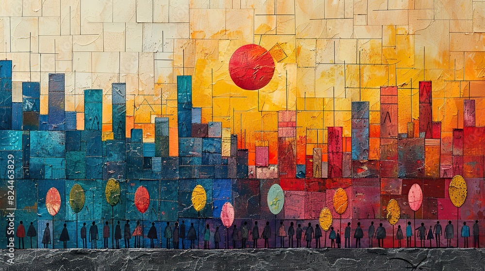 Poster a painting of a community building a structure together, representing the creation of shared spaces 