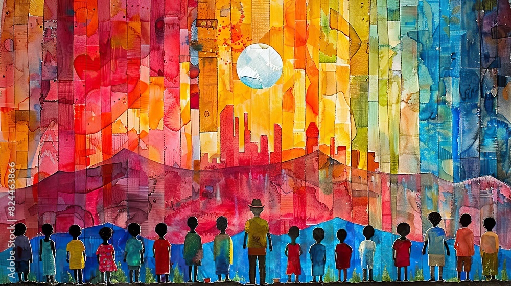 Poster a painting of a community building a structure together, representing the creation of shared spaces 