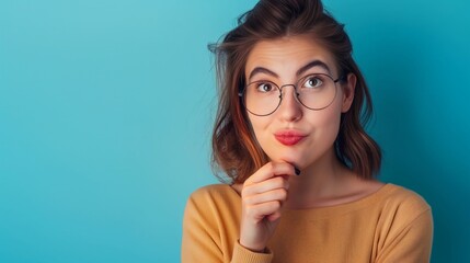 Woman hand under chin thinking ideas Aha moment lightbulb Caucasian female with spectacles eyeglasses