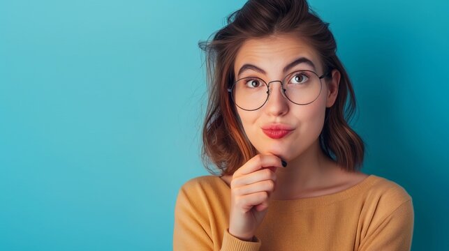 Woman hand under chin thinking ideas Aha moment lightbulb Caucasian female with spectacles eyeglasses