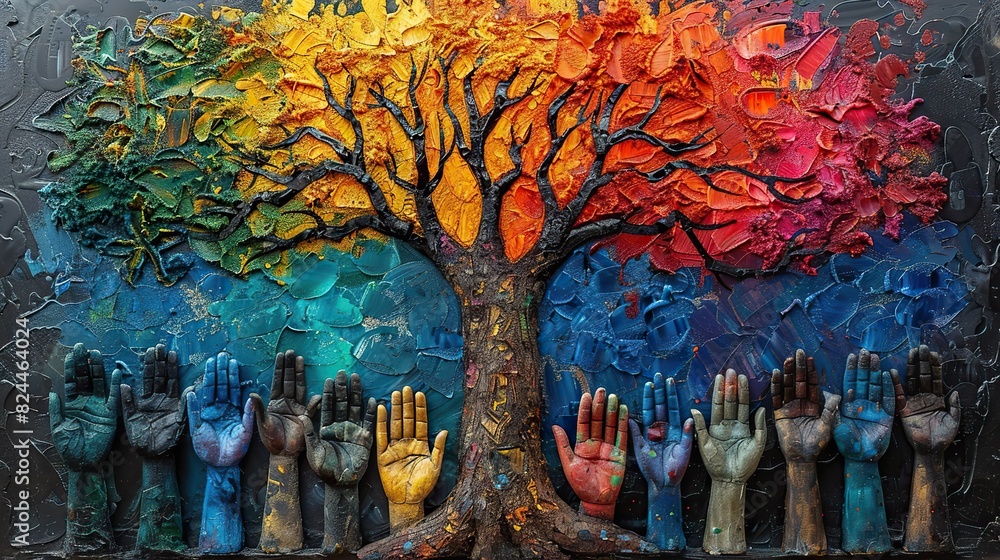 Aufkleber an abstract artwork of a tree with branches formed by interconnected hands, symbolizing the strength