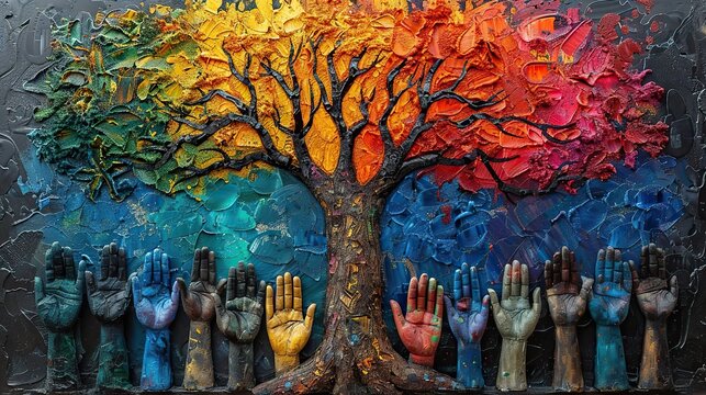 An abstract artwork of a tree with branches formed by interconnected hands, symbolizing the strength of unity and growth. photo