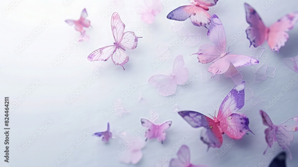 Poster a delicate scene with multiple butterflies fluttering against a soft pastel blue background, each bu