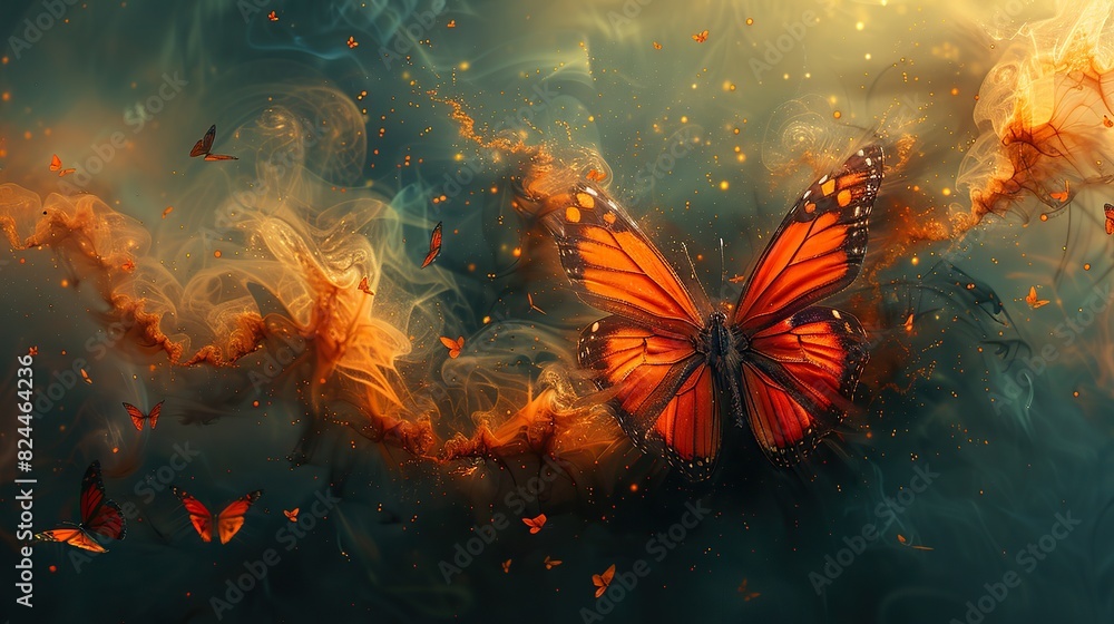 Poster an abstract depiction of a butterfly emerging from a cocoon, symbolizing transformation and new begi