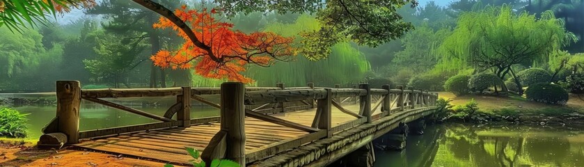 Serene wooden bridge over a tranquil pond surrounded by lush greenery and vibrant autumn leaves in a peaceful park setting.