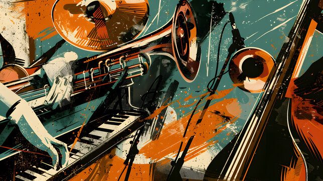 Jazz music instrument and human hands in retro collage vector illustration