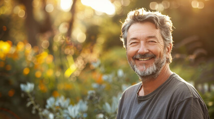 Portrait of a mature man in a botanical garden , the male smiling face show how much he is enjoying this green nature surrounding him