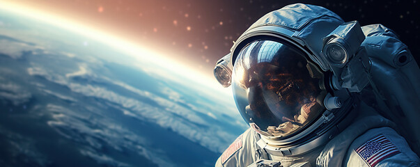 Astronaut in Space Suit Standing in Front of Earth