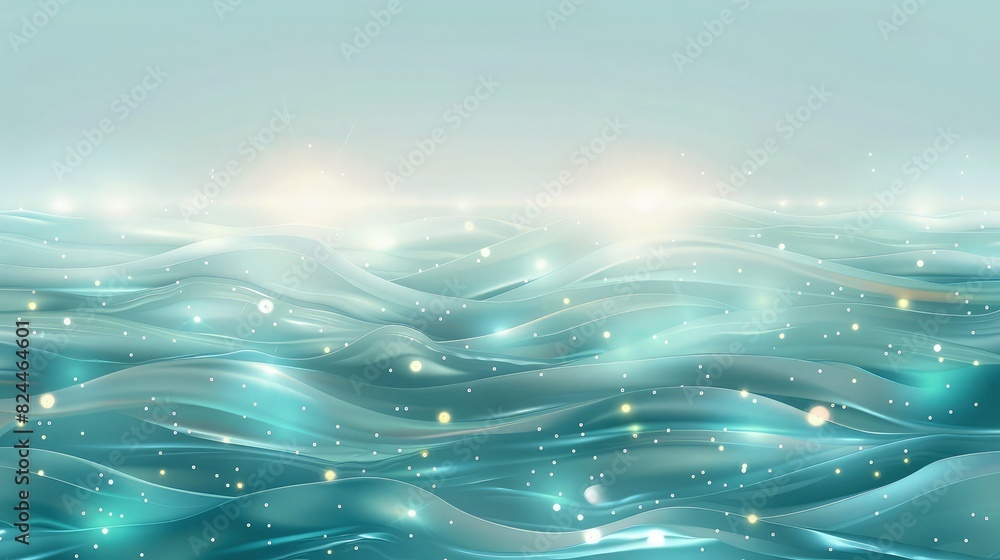 Poster an image with a soft pastel turquoise background, where bubbles with a metallic shine float upwards,