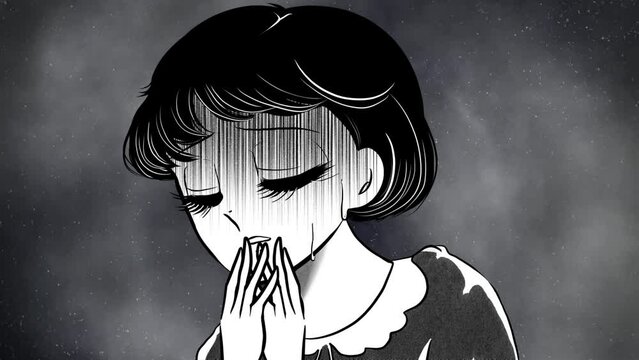 昭和レトロ70年代少女漫画風ゾッとして怯えるおかっぱ黒髪女子のホラーイラストと暗雲背景