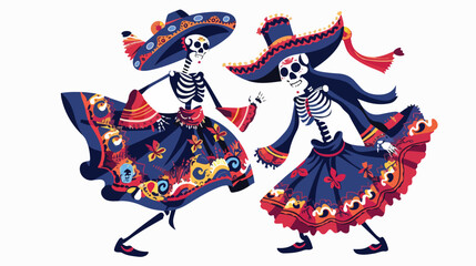 Couple of Mexican skeletons in costumes dance and place