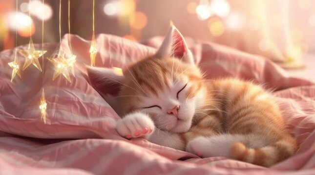Adorable cat peacefully dozing on fluffy blanket in cozy bedroom, comforting and tranquil scene
 Seamless looping 4k time-lapse virtual video animation background. Generated AI