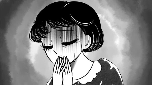 昭和レトロ70年代少女漫画風ゾッとして怯えるおかっぱ黒髪女子のホラーイラストと暗雲背景