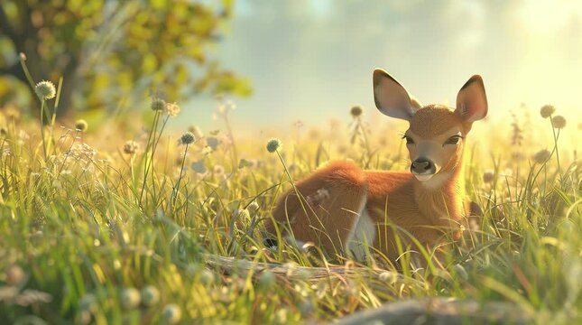 Tranquil scene: Majestic deer sitting gracefully in the serene morning savannah, amidst golden sunlight.
 Seamless looping 4k time-lapse virtual video animation background. Generated AI