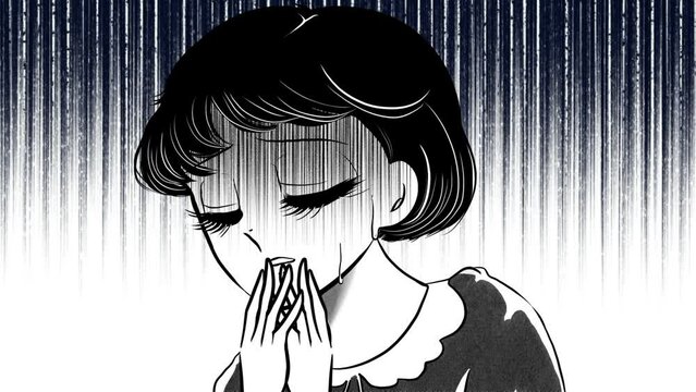 昭和レトロ70年代少女漫画風ゾッとして怯えるおかっぱ黒髪女子のホラーイラストと暗雲背景