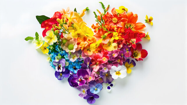 Rainbow color heart made of flowers isolated on white background. This illustration represents concept of love for LGBTQ, pride and bisexsual, Valentines Day, Freedom to Marry Day