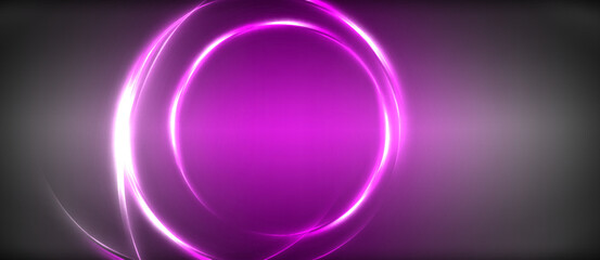Neon glowing circle rays, light round lines in the dark, planet style neon wave lines. Energetic electric concept design for wallpaper, banner, background