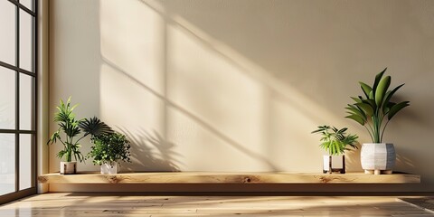 3D rendering of a simple wooden floating TV stand on a sunny wall with a minimal interior design mock up. The wood shelf contains plants for home decoration in the style of Japanese design.