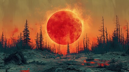 An illustration of a sun rising over a devastated landscape, symbolizing hope and renewal. stock photo