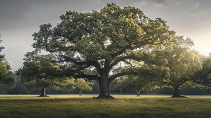 Majestic oak tree bathed in golden morning light, standing tall in an open field, symbolizing strength and nature's beauty.