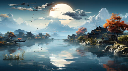 Asian Traditional Beautiful Mountain And River With A Small Cabins Scenery Landscape Oil Painting Background
