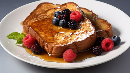 Delicious French Toast In White Plate Garnish With Strawberries and Coriander Leaf's on Blurry White Background