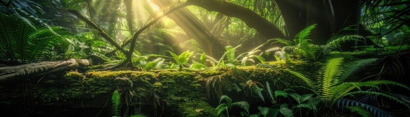 Sunlight filters through dense rainforest foliage, illuminating vibrant green leaves and moss-covered ground, creating a serene and lush nature scene.