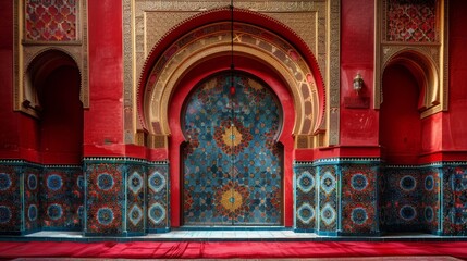 Arabic Middle Eastern background with red Islamic pattern geometry and mosaic.