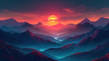 Obraz premium An illustration of a sunrise over a dark valley, symbolizing hope and new beginnings. stock photo