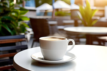 A close-up photo of a steaming cup of coffee on a saucer. The coffee cup is made of ceramic and has a white exterior with a black rim.